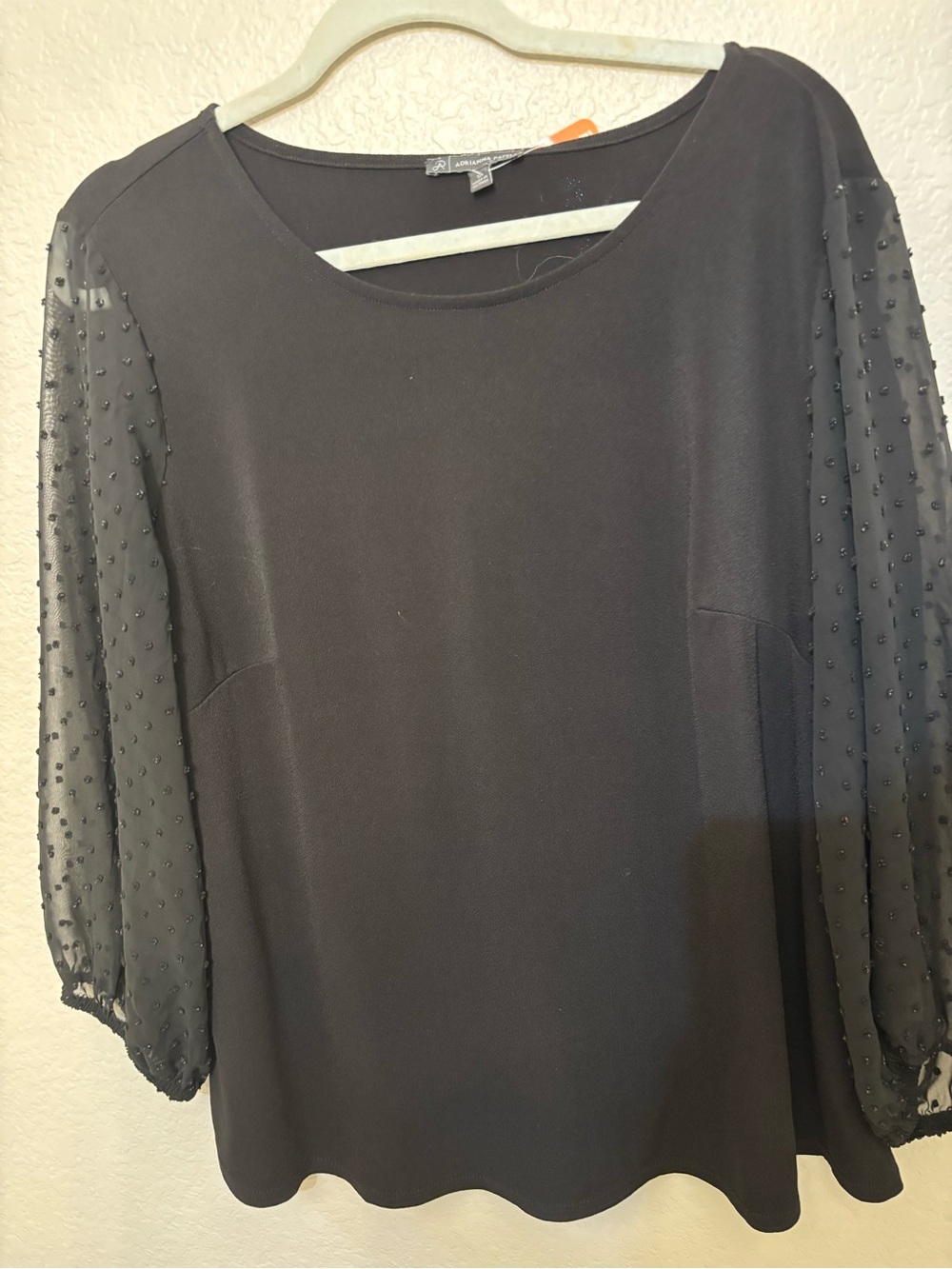 Adrianne Papell Black Women's Blouse with Sheer Dots Gathered Sleeves 1X
